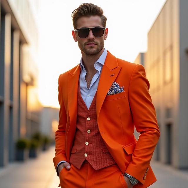 Man wearing a colorful bespoke suit from Ironthread Attire
